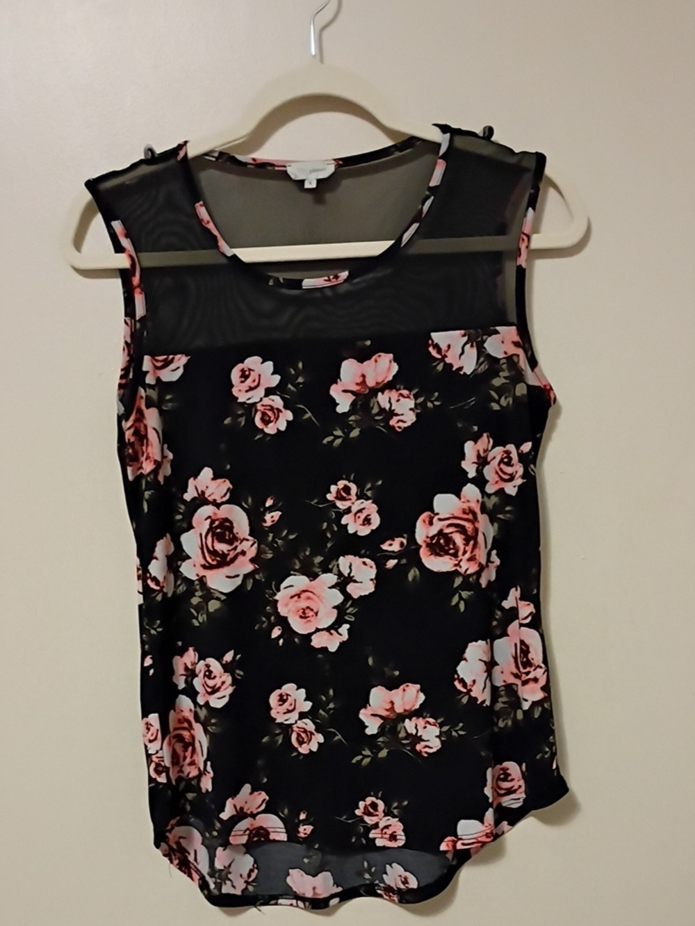 Blu Planet Black Floral Mesh Yoke Camisole with Pink Roses Large